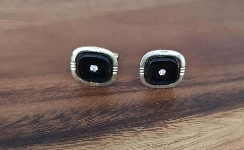 Vintage Gold Tone Black Stone Square Cufflinks Rhinestone Center Mid Century